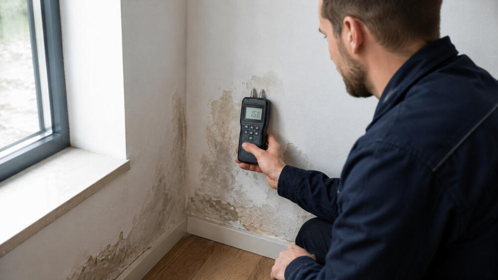 Feuchtigkeitsmessung an beschädigter Wand Feuchtigkeitsmessung an beschädigter Wand