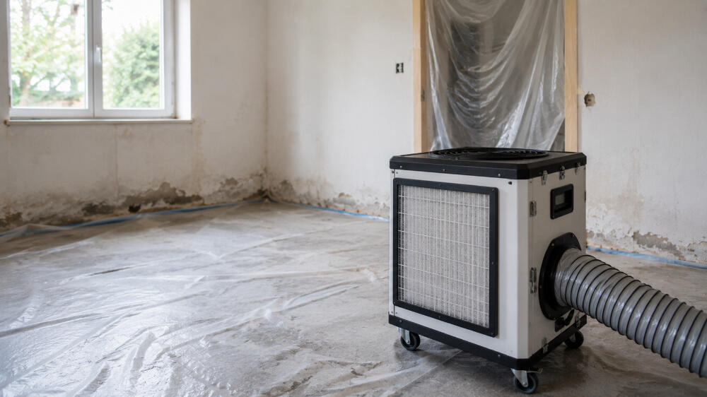 Renovierungsraum mit Luftreiniger im Vordergrund Renovierungsraum mit Luftreiniger im Vordergrund